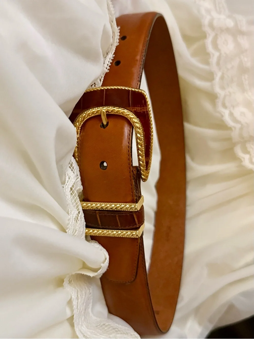 Brighton Tan Leather Belt with Gold-Tone Decorative Buckle M